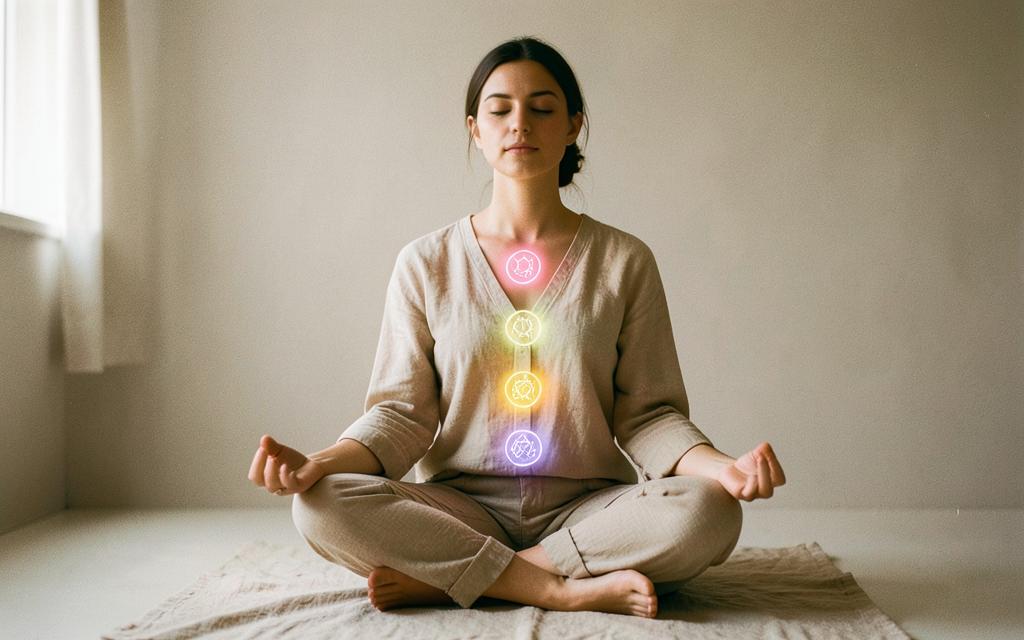 Mujer sentada en meditación con una luz suave recorriendo la columna