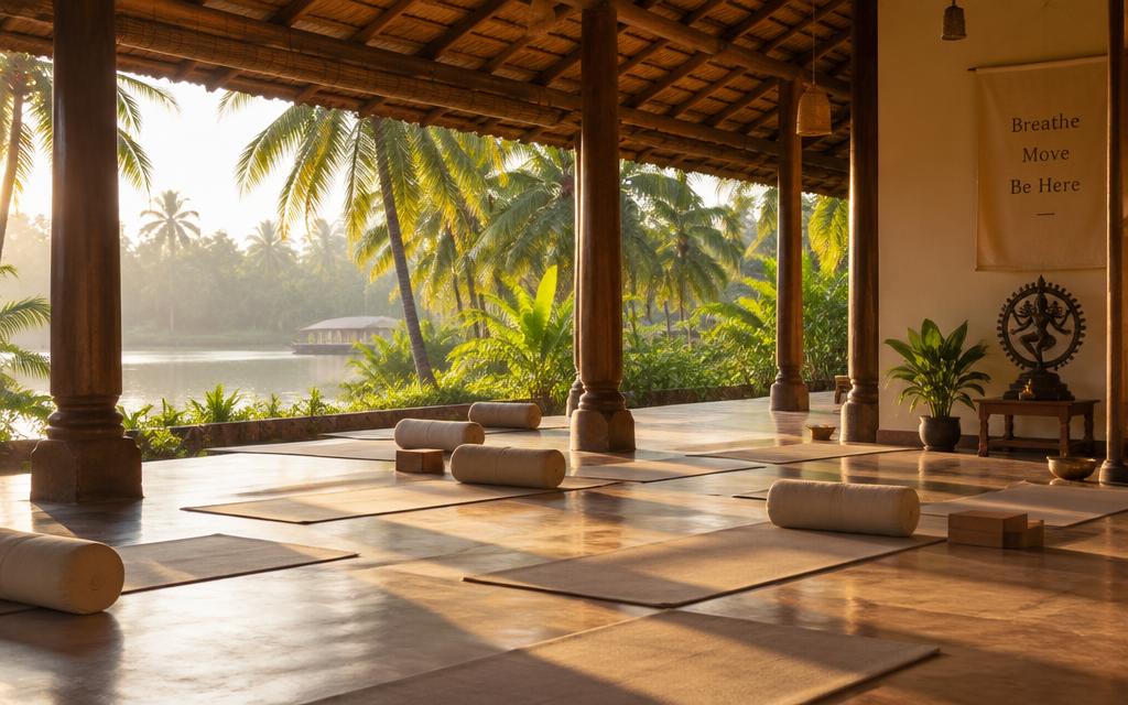 Sala de yoga abierta en Kerala con esterillas y palmeras al amanecer