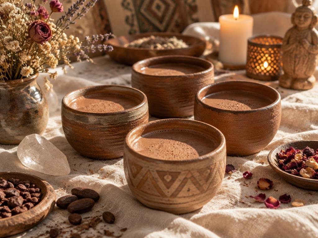 Cuencos de barro con cacao caliente sobre lino, flores secas y una vela encendida