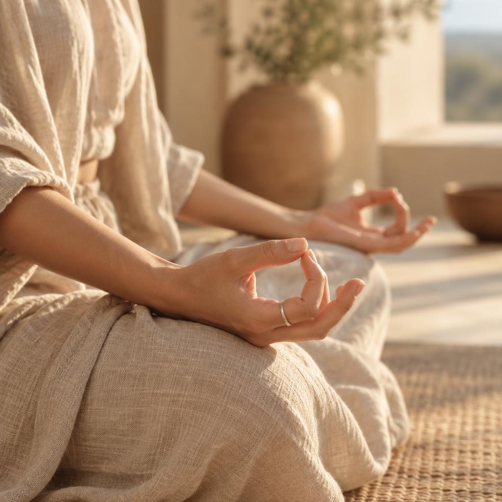 Manos apoyadas sobre las rodillas en postura de meditación